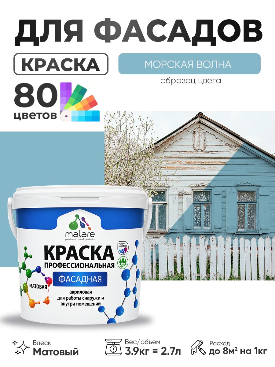 Краска Malare Professional фасадная по дереву, бетону и штукатурке, для камня и кирпича, без запаха, матовая, морская волна, (2.7л - 3.9кг)