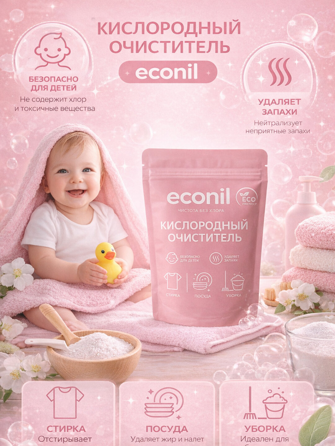Кислородный очиститель, отбеливатель, пятновыводитель Econil, 350 гр