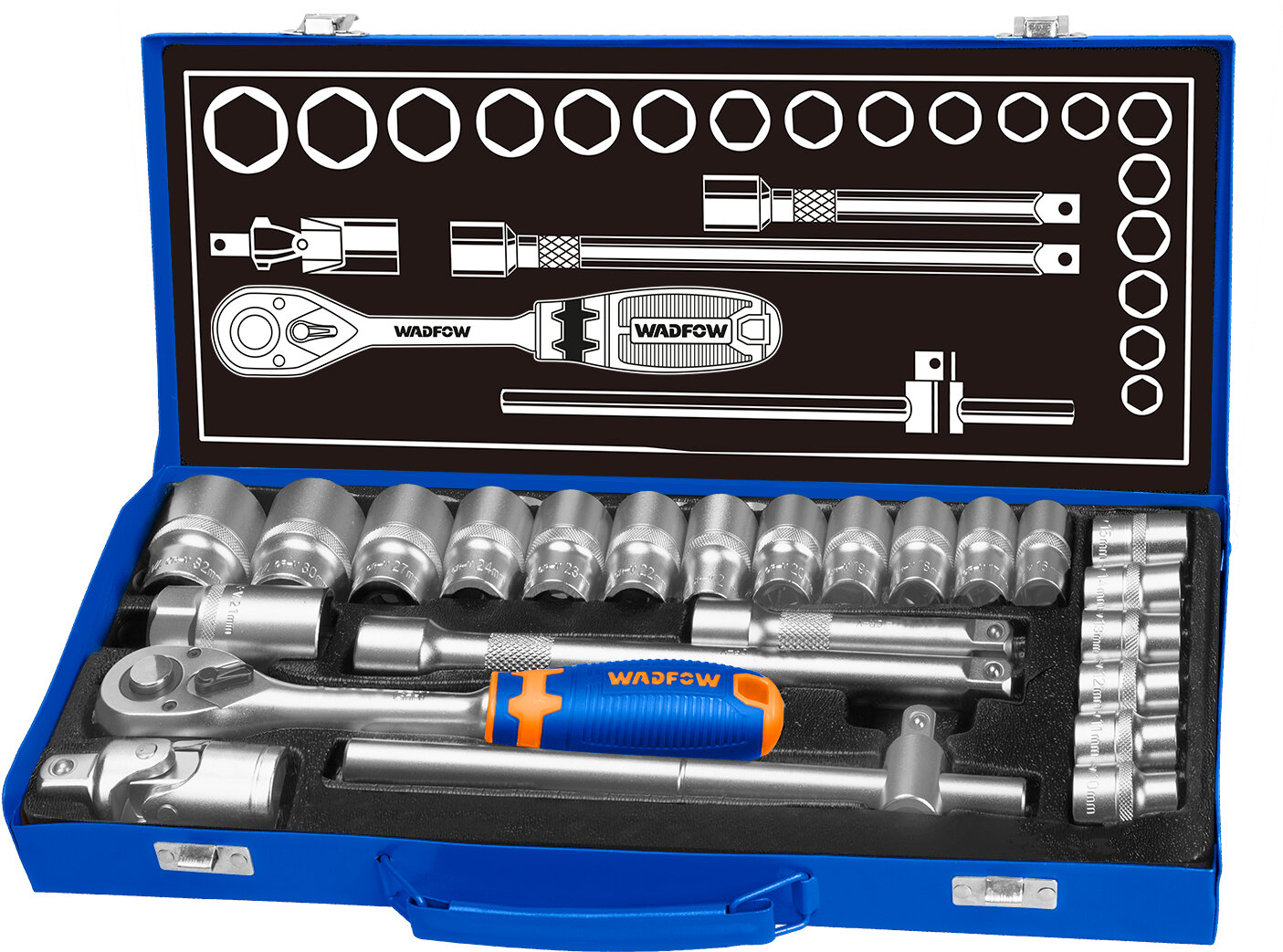 Набор головок с трещёткой "WADFOW" CR-V, 1/2", 24 предмета в металлическом кейсе — фото 1