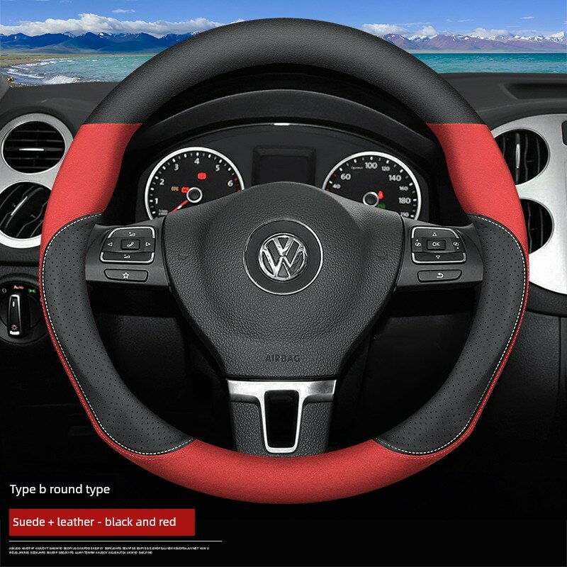 Накладка на руль Volkswagen Tiguan для моделей 2012-2016 гг, вельвет и кожа, черный с красными акцентами, без логотипа
