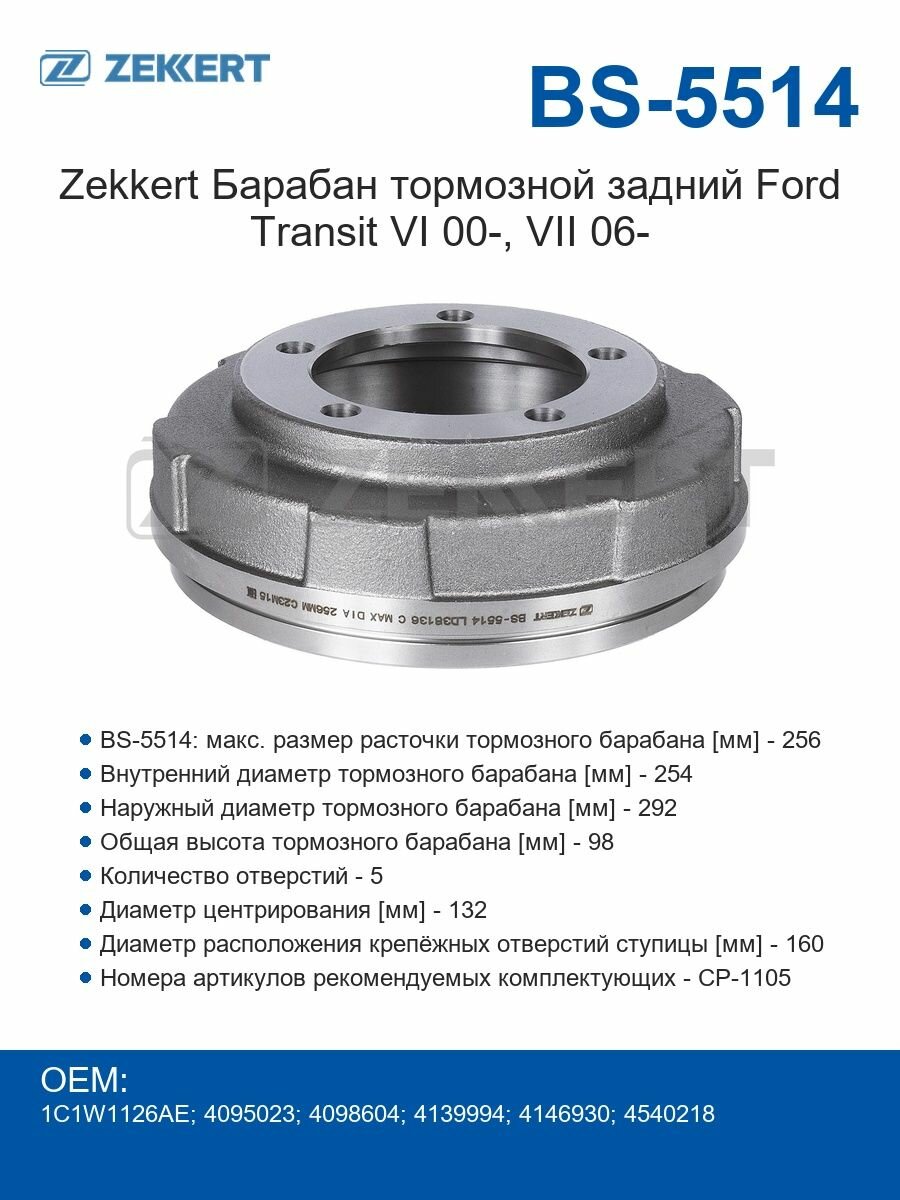 Zekkert Барабан тормозной задний Ford Transit VI 00-, VII 06-