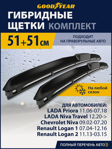 Изображение товара 2 Щетки стеклоочистителя в комплекте 500/500 (51см+51см), Дворники для автомобиля GOODYEAR для Лада Ларгус, Приора, Нива Тревел Шевроле, Рено Дастер 2013, Хендай Соната 2 (3)
