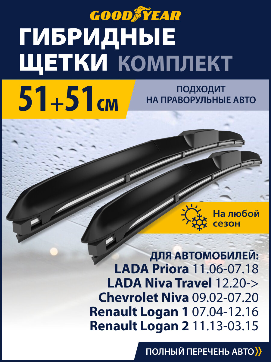 2 Щетки стеклоочистителя в комплекте 500/500 (51см+51см), Дворники для автомобиля GOODYEAR для Лада Ларгус, Приора, Нива Тревел Шевроле, Рено Дастер 2013, Хендай Соната 2 (3)