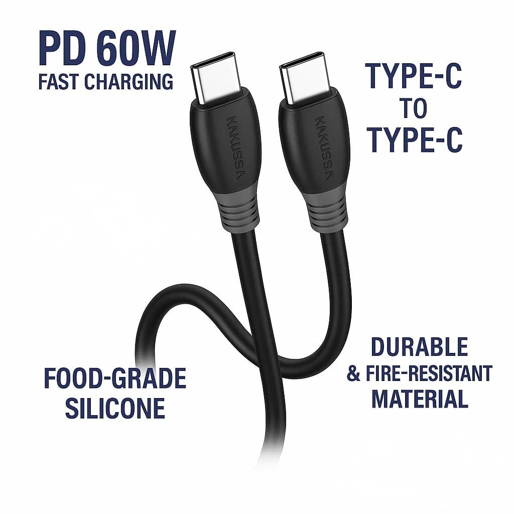Кабель Kakusiga Type-C, 60Вт, 1м, силиконовый, огнестойкий, черный — фото 1