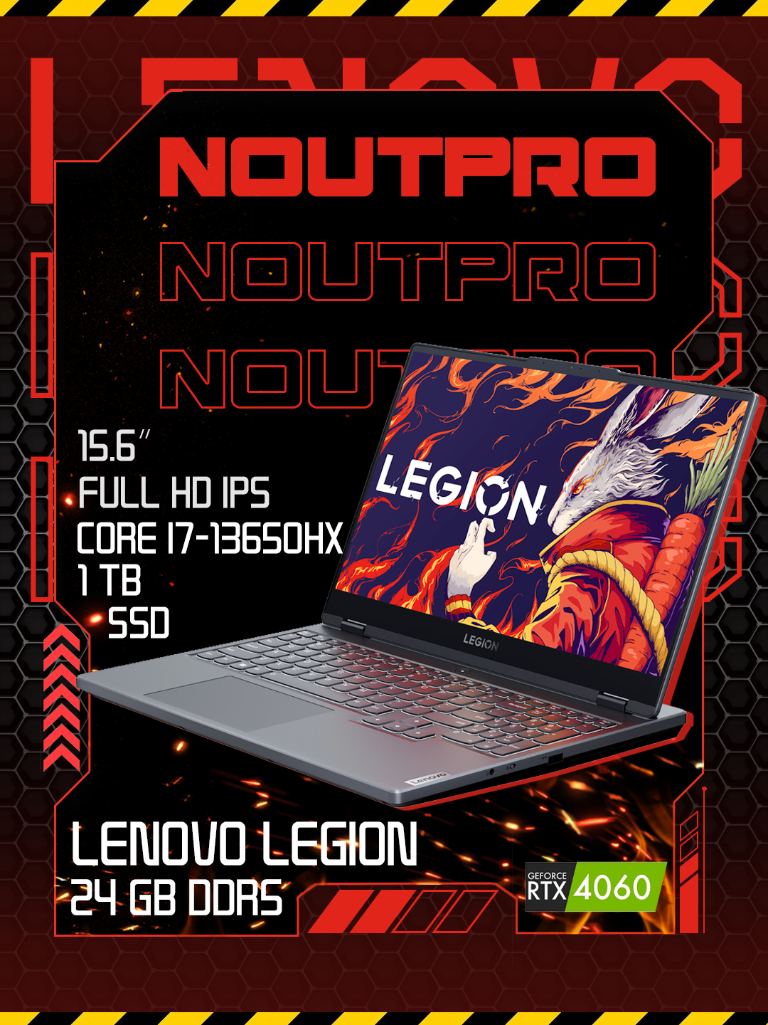 Ноутбук Lenovo Legion, Intel Core i7-13650HX, RAM 24 GB DDR5, SSD 1 TB, 15.6″ Full HD IPS