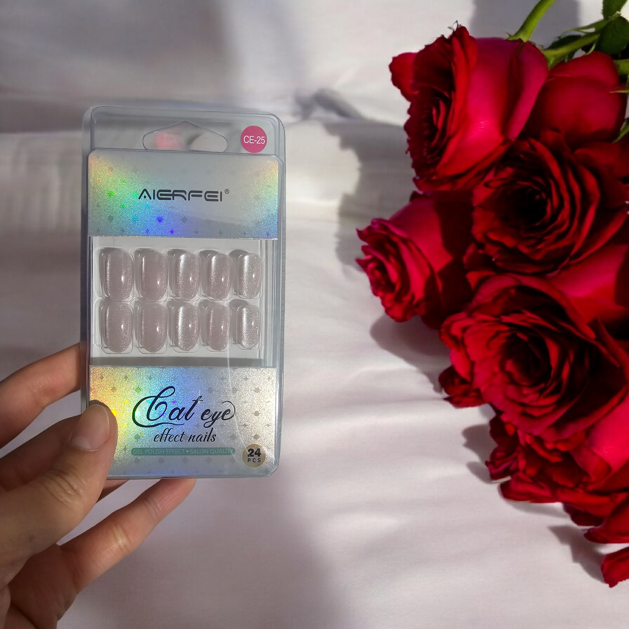 Набор накладных ногтей Кошачий Глаз, 24 шт, с клеевой пластиной, цвет бело розовый