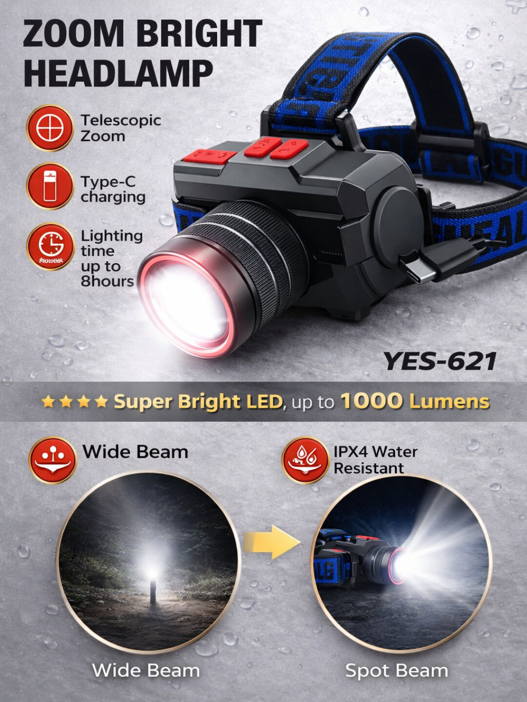 Налобный фонарь Yes-621, светодиодный, телескопический зум, зарядка через USB