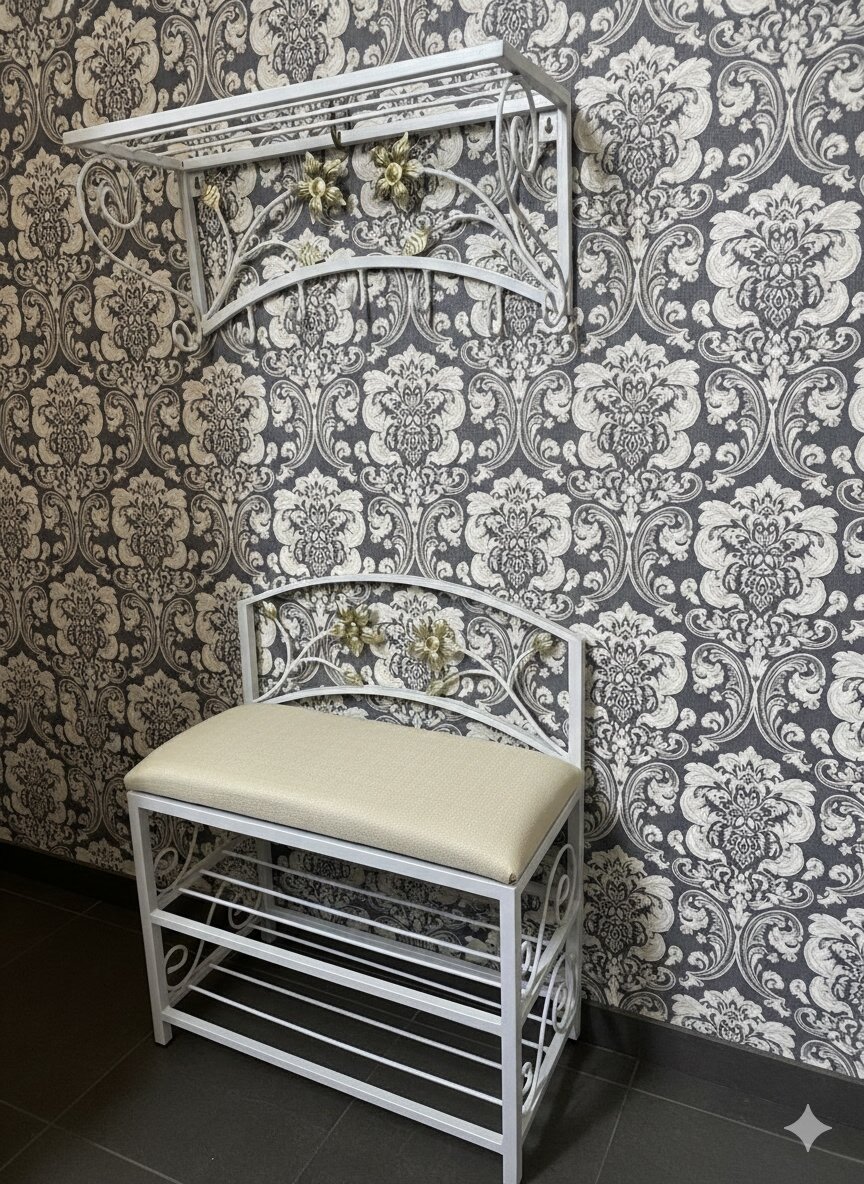 Кованая прихожая, вешалка + банкетка, Студия кованой мебели Нива, цвет белый/бежевый — фото 1