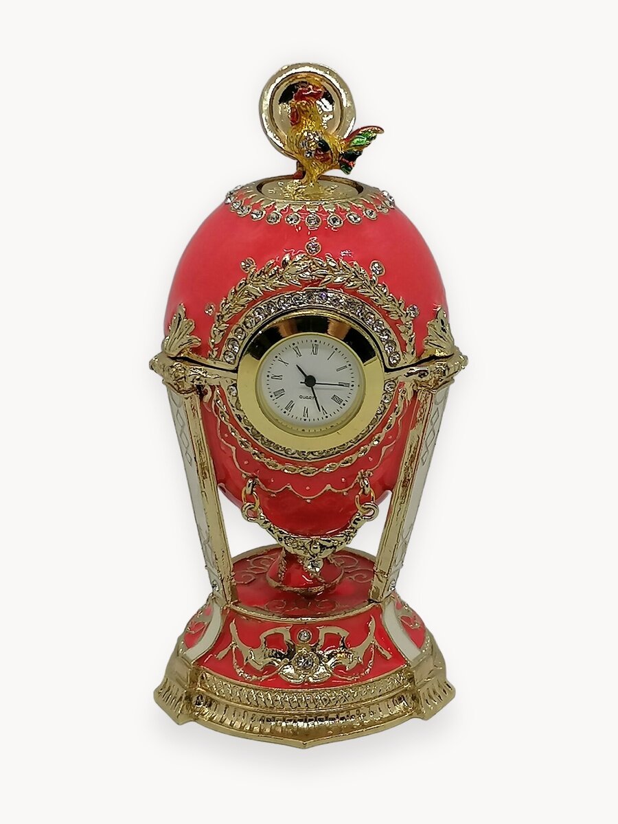 Яйцо Фаберже с часами на подставке и с петушком, розовое. арт.794