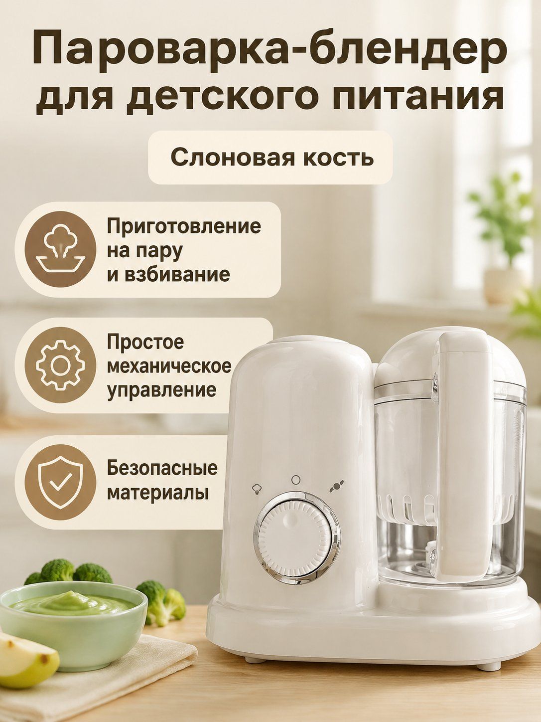 Кухонный комбайн для детского питания с пароваркой и блендером, фиксированный, 300 Вт, 1 скорость, слоновая кость