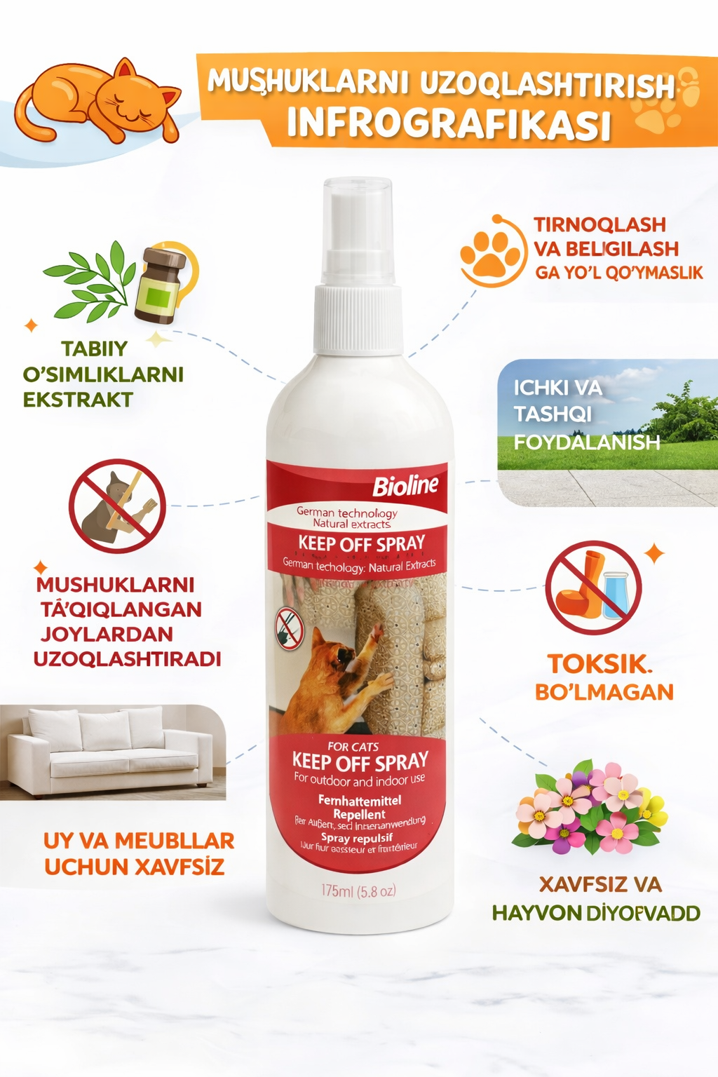 Спрей Bioline против царапания кошек и предохранения вещей от царапан, 175 мл