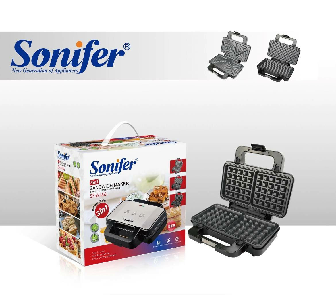 Вафельница-тостер Sonifer SF-6166, 3в1, мощность 1000Вт, антипригарное покрытие