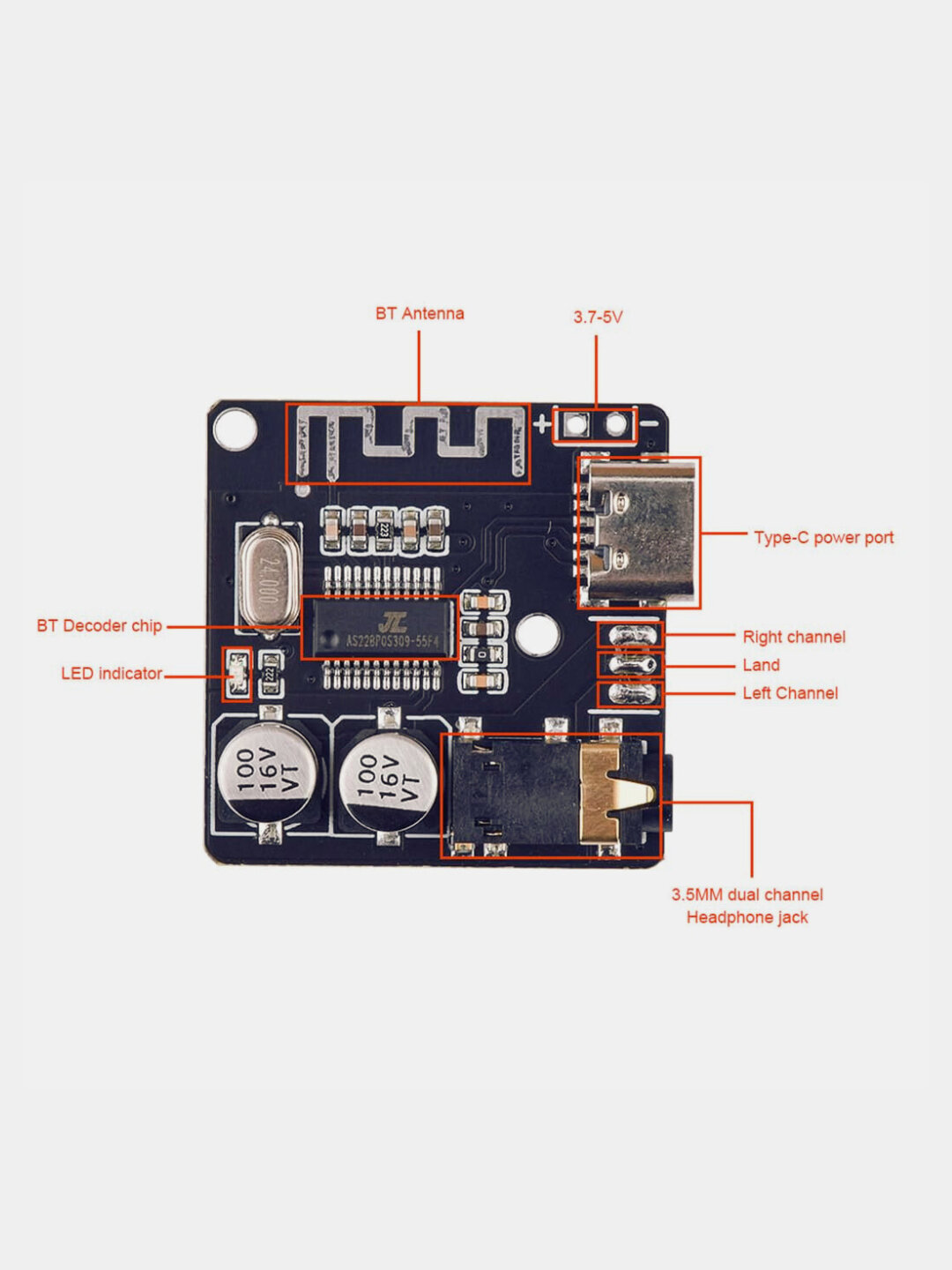 Bluetooth 5.0 MP3 декодер VHM-314 Type-C, USB-Аудио, стерео, беспроводной модуль — фото 1