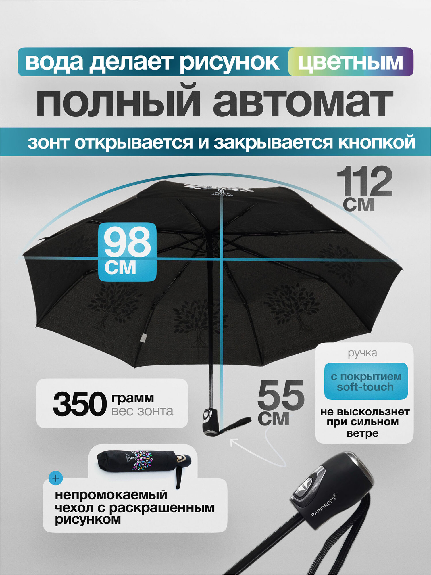 Зонт RAINDROPS, черный, белый — фото 1