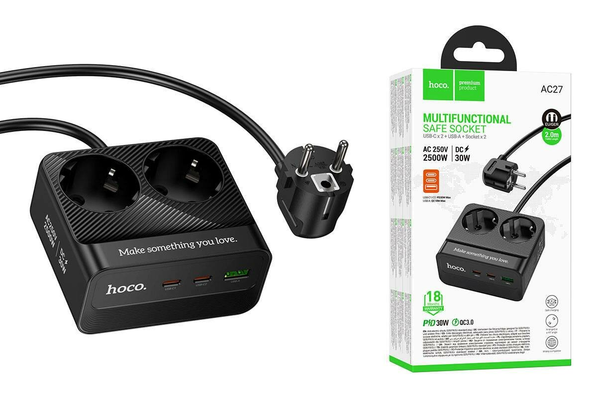Сетевой фильтр HOCO AC27 Descanso, 2 розетки, PD 30W, 1×USB-A + 2×Type-C, 2500W, кабель 2 м, чёрный
