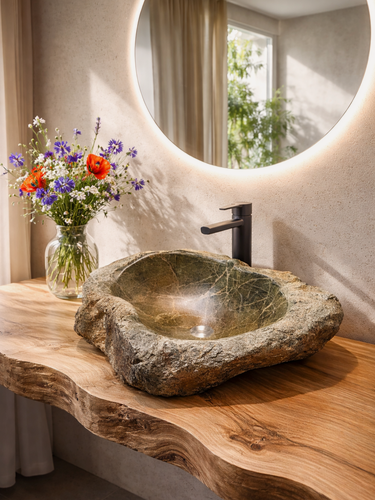 Изображение товара Раковина из натурального камня змеевик накладная на столешницу 72х57х18 см для ванной — авторская работа