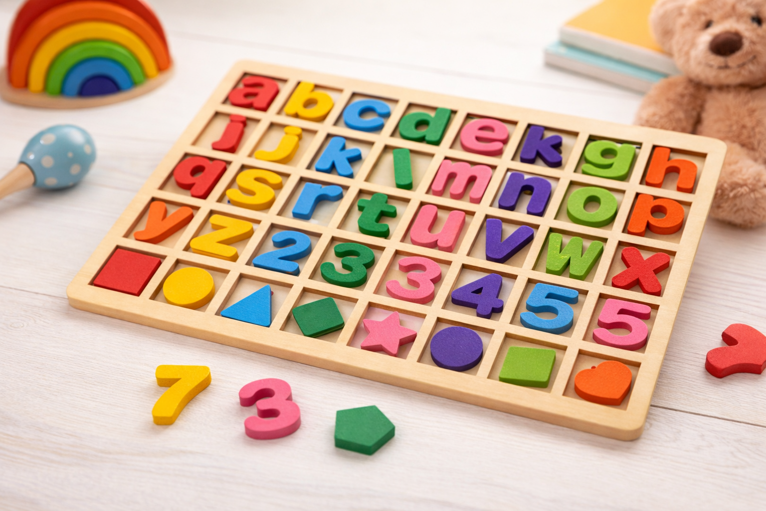 Развивающий деревянный алфавит и цифры для детей с логическими фигурами и яркими цветами