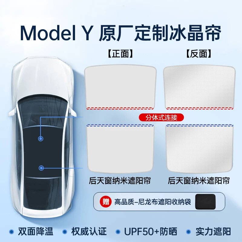 Tesla Model Y 2021-2024 2-in-1 Nano Kristal'nyy Zashchitnyy Zont Dlya Sunrova i Okon, Tsvet Originalnyy, Komplekt iz 2
