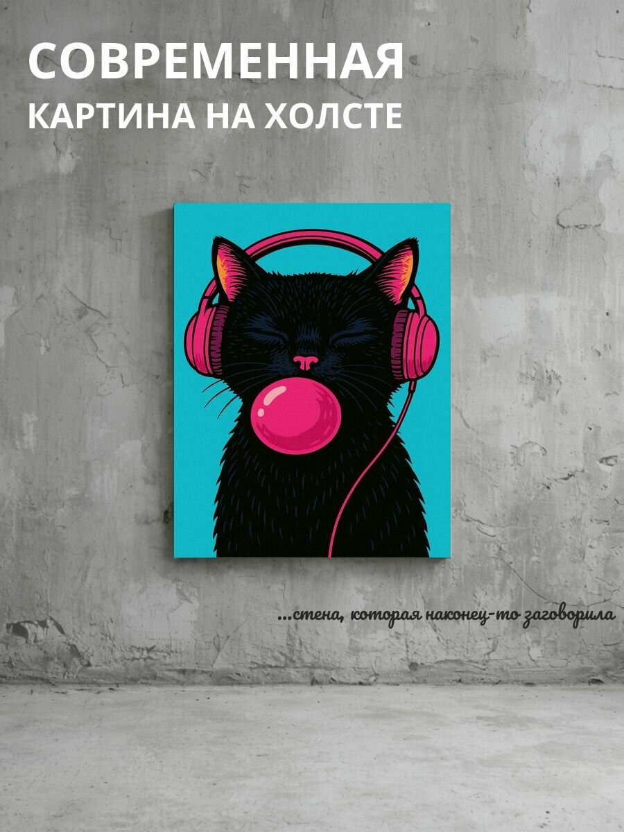 Картина на холсте Кот в наушниках и пузыре 20x30 см