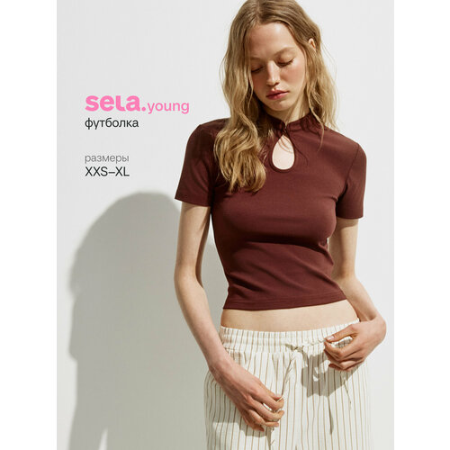 фото Футболка sela из модала с фигурным вырезом из линейки sela young, размер 44, коричневый