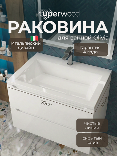 Изображение товара Раковина для ванной 70 см, Uperwood Olivia, с щелевым сливом, белая глянцевая