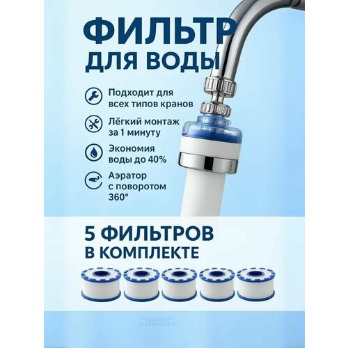 фото Аэратор для смесителя с фильтром, годовой запас сменных кассет, насадка на кран для экономии воды megaplane