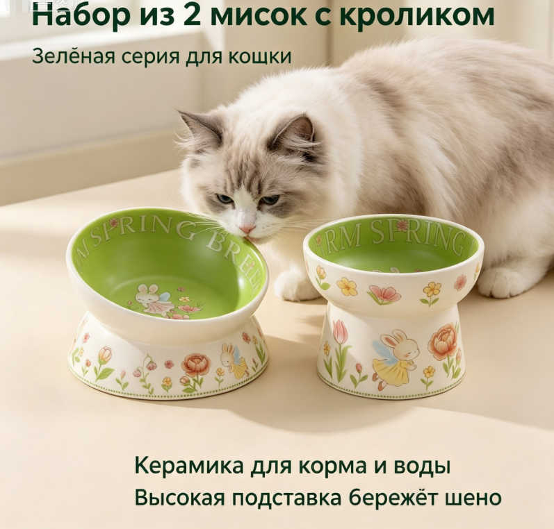 Набор керамических миск для кошек с принтом милых зайцев, высокие миски с наклоном для защиты шейки
