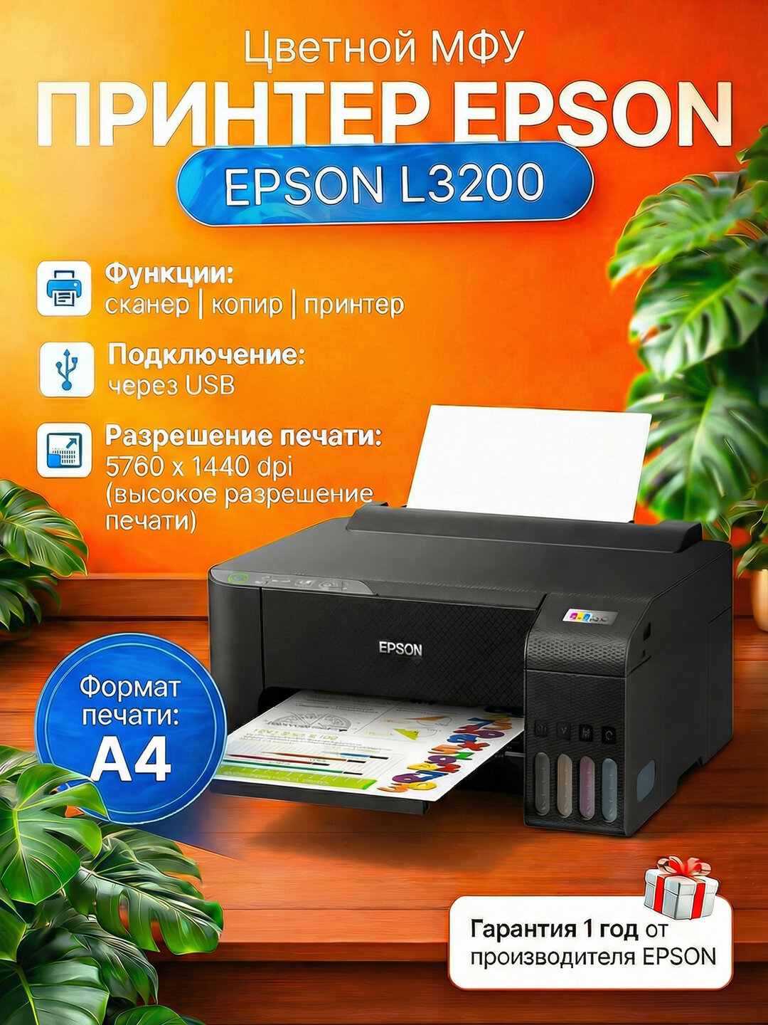 Принтер струйный Epson "L3200", A4, цветной, с СНПЧ, USB, Wi-Fi, LCD-дисплей
