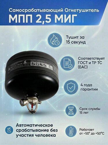 Изображение товара Самосрабатывающий порошковый огнетушитель МПП 2,5 МИГ(цвет черный)