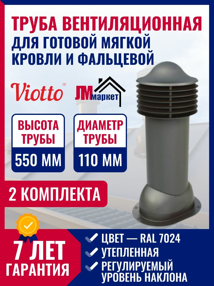 Комплект кровельной вентиляции, Viotto 110/550 мм, выход вентиляционный утепленный для мягкой и фальцевой кровли, RAL 7024, 2 шт.