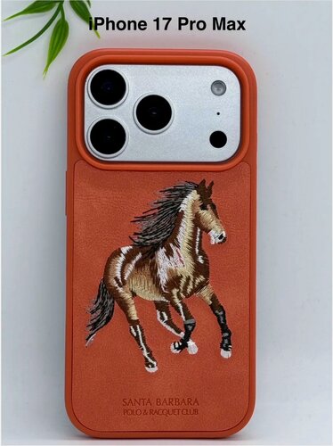 Изображение товара Чехол с Лошадью на iPhone 17 Pro Max, из экокожи 4G, с защитой камеры , оранжевый