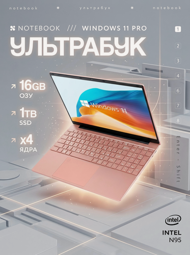 Изображение товара Ноутбук для работы и учебы 15,6" 16Gb SSD 1TB Intel N95, Русская раскладка Розовый