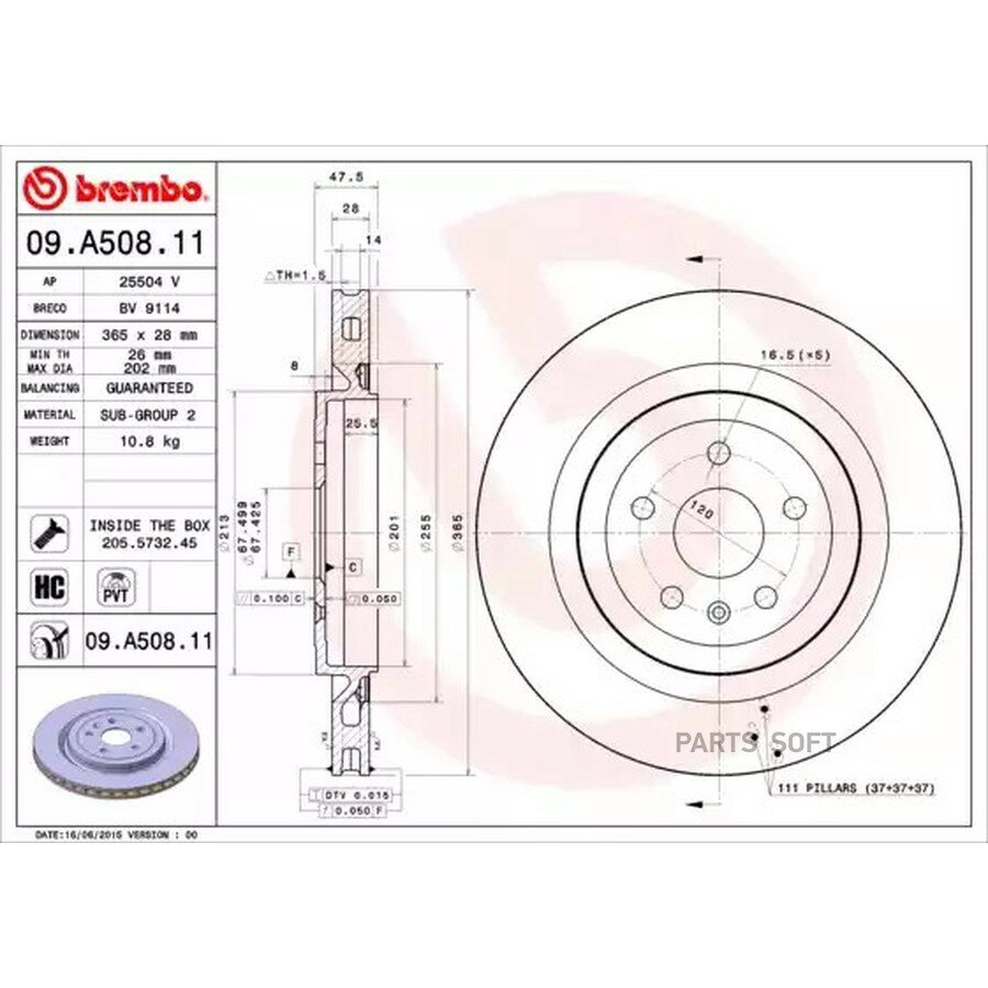 BREMBO 09. A508.11 Диск тормозной задний. с УФ покрытием CADILLAC CTS 01/08-> / CADILLAC CTS Coupe 01/08-> / CADILLAC CTS 2шт