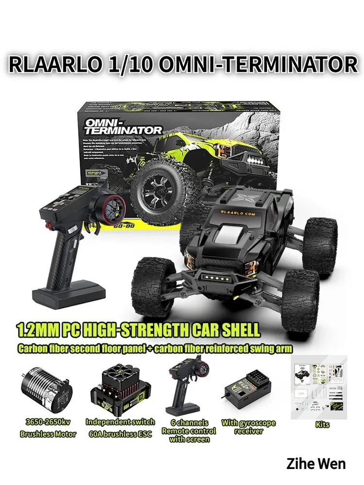 RLAARLO OMNI-TERMINATOR 1/10 4WD Радиоуправляемый бесколлекторный монстр-трак, в комплекте аккумулятор и зарядное устройство, игрушка для взрослых и детей.