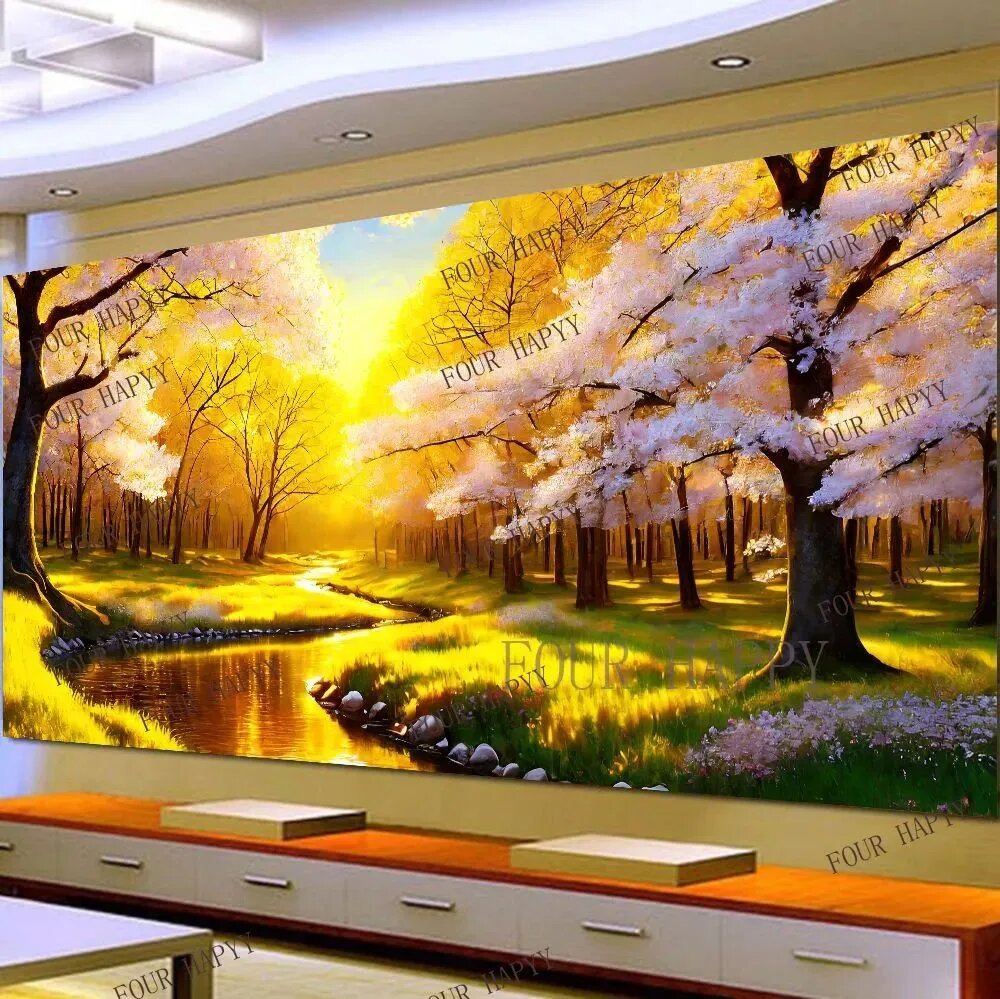 100x40cm/Алмазная мозаика "Осенний пейзаж." / Алмазная вышивка / Круглая картина стразами Полная выкладка 100х40 см размер картины(без подрамника, без рамки)