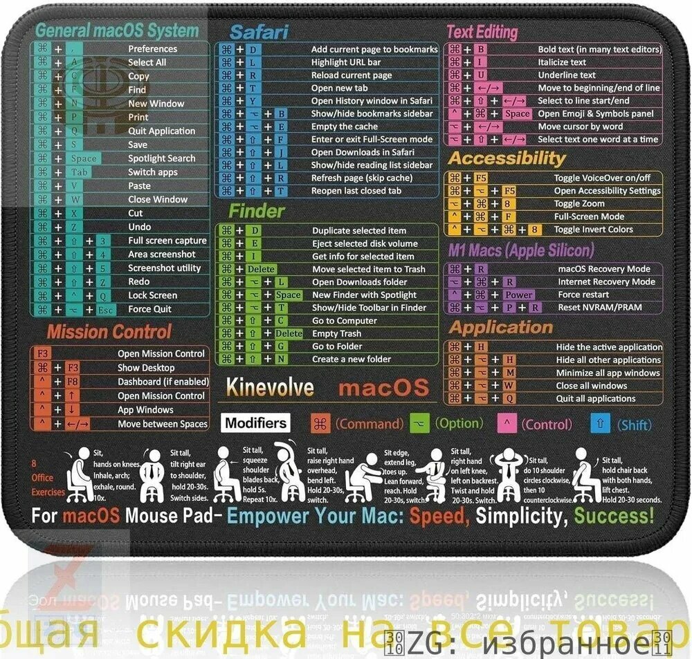 Коврик для мышки, черный, Коврик для мыши с шпаргалкой по Windows, компактный аксессуар для компьютера и ноутбука