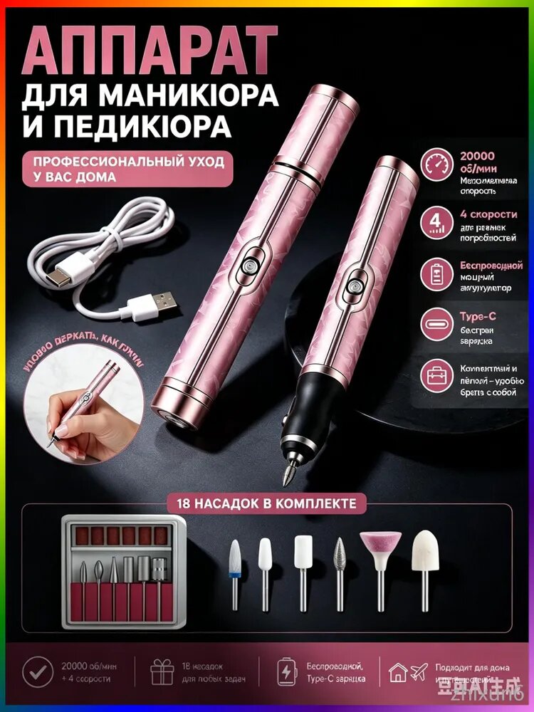 Аппарат для маникюра и педикюра, набор для педикюра женский электрический, 18 насадок