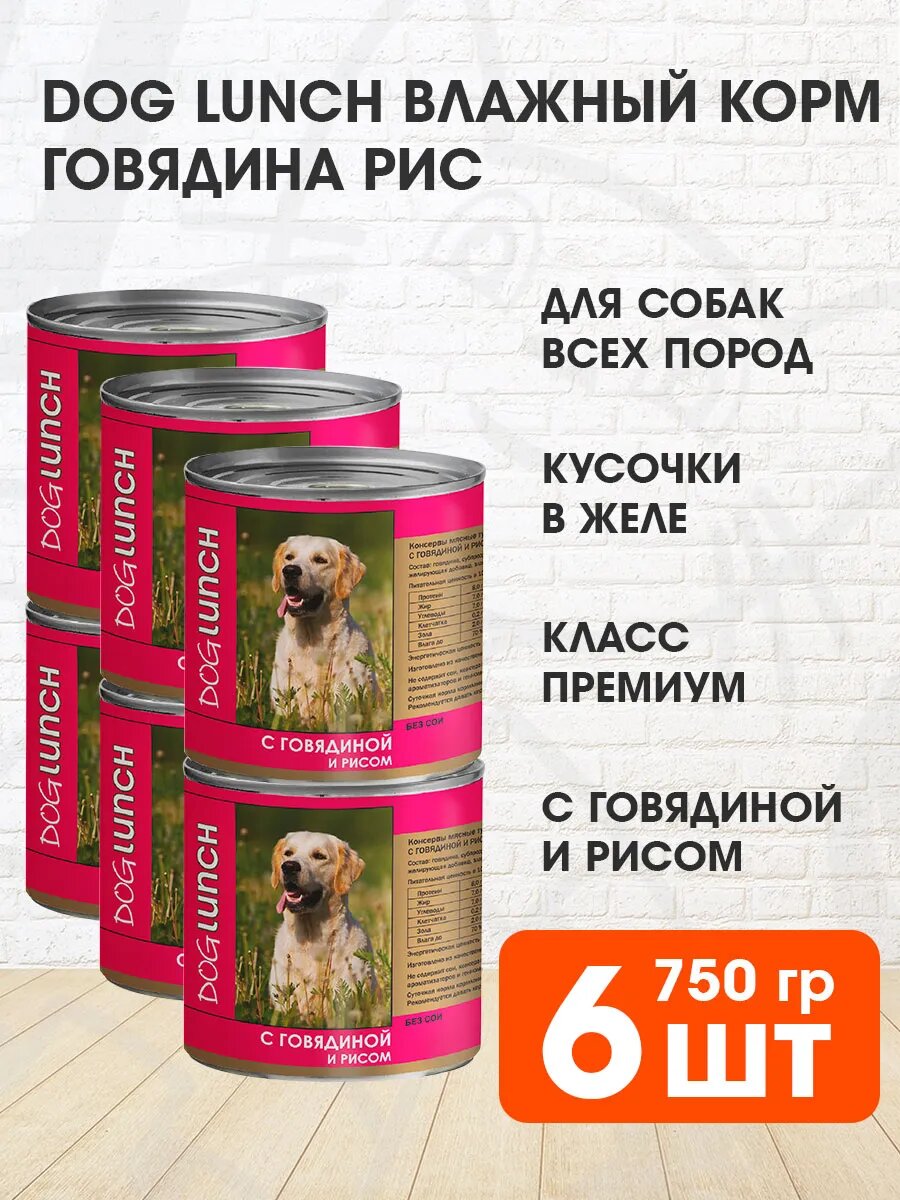 Корм влажный Dog Lunch для взрослых собак, говядина, рис, 750 г 6 шт