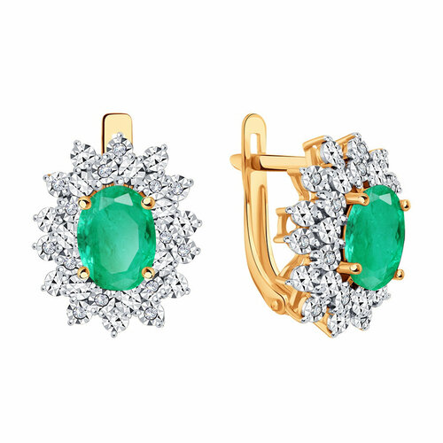 фото Серьги diamant online, красное золото, 585 проба, бриллиант, изумруд, длина 1.4 см, , бирюзовый