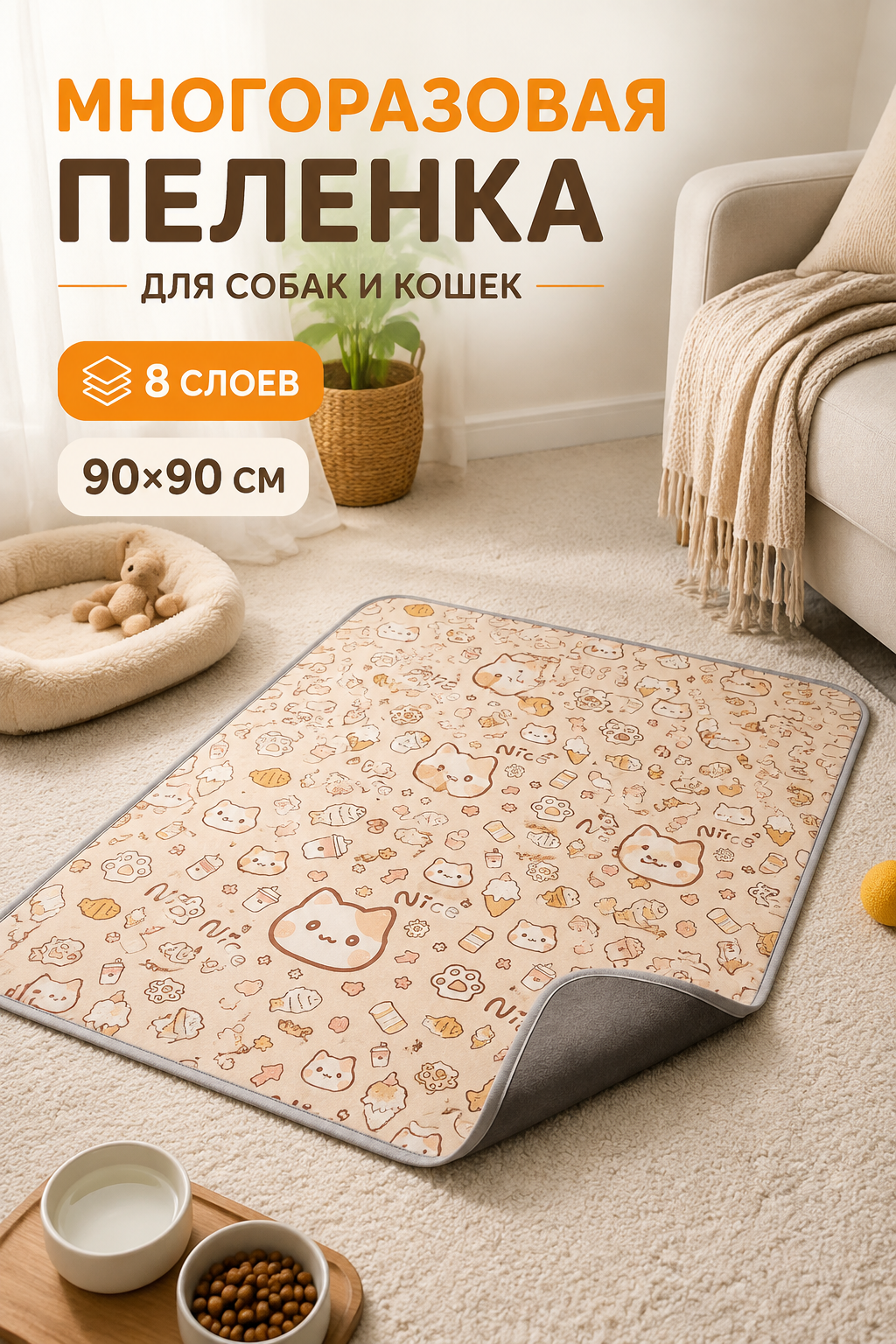 Многоразовая пеленка для животных с самофиксацией, 8 слоев, 90×90 см