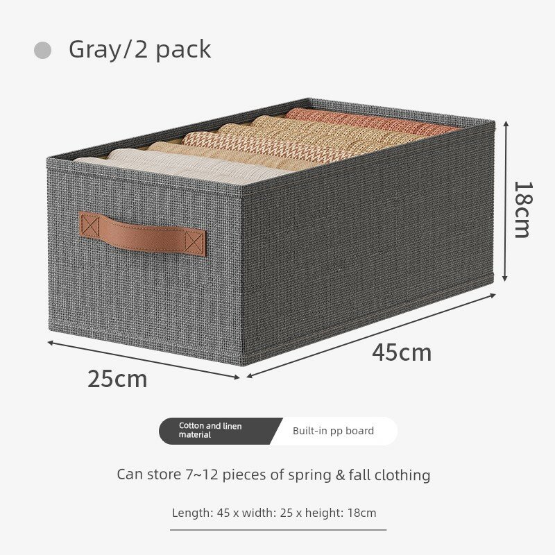 2-шт. серый хлопково-ленный ящик-шкаф с встроенным ПП-основой и усиленными ручками для домашней организации одежды