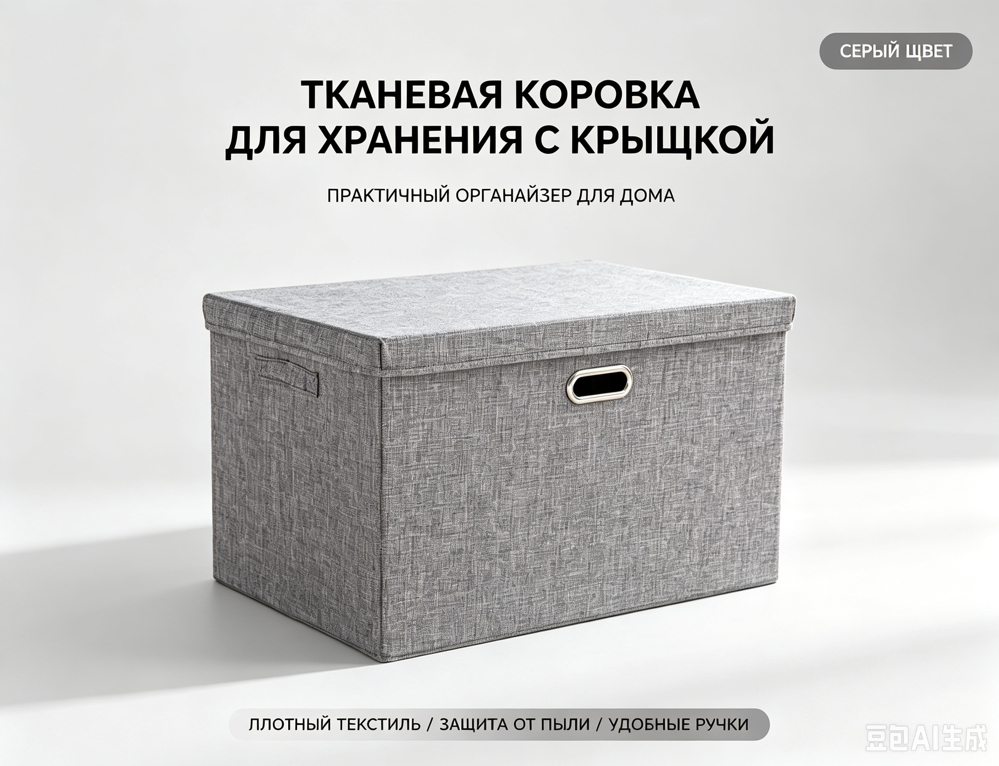 Тканевая коробка для хранения, полипропилен, текстиль и хлопок, эргономичная ручка, серая, 38л
