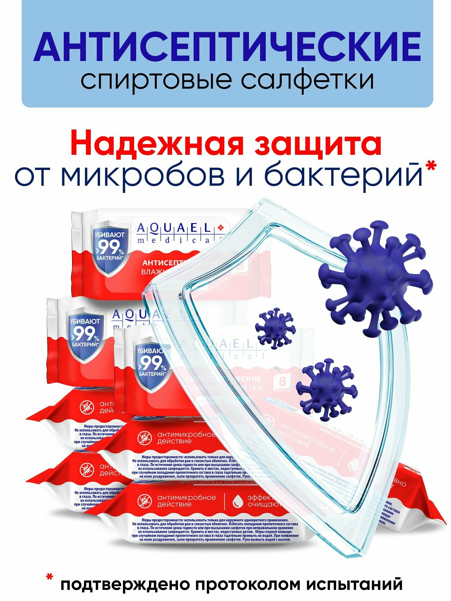 AQUAEL MEDICAL Салфетки влажные антисептические миниупаковка 8х8 шт/3 уп (192 шт)