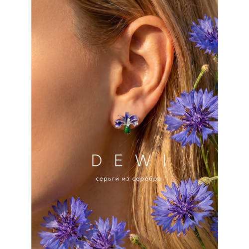 фото Серьги dewi, серебро, 925 проба, родирование, фианит, длина 1.3 см, , васильковый