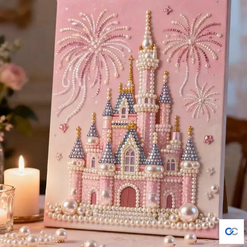 Алмазная картина "Розовый замок", 17*22 см, с натянутым холстом и набором страз