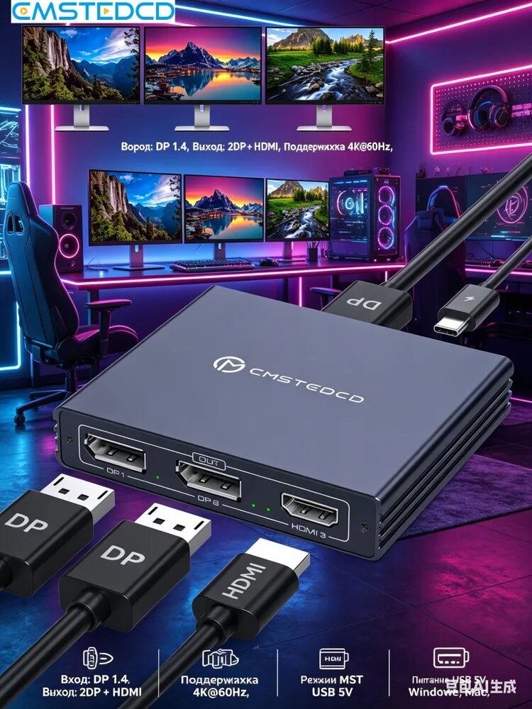 Разветвитель DP 1.4 на 2DP + HDMI 4K@60Hz, MST/SST