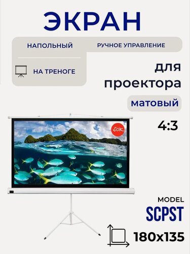 Изображение товара Экран для проектора S'OK SCPST-180x135 90 4:3 напольный, на треноге, матовый, белый