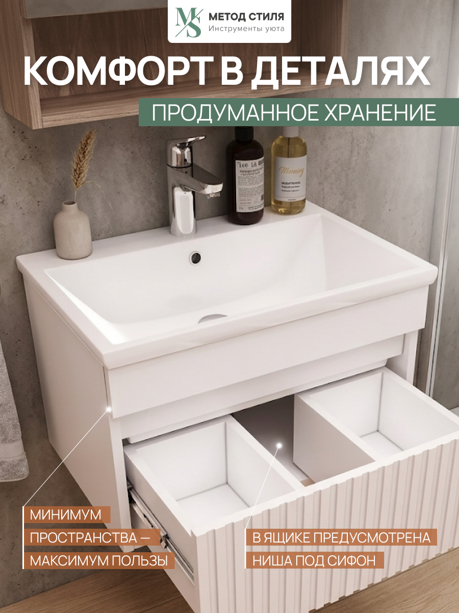 Комплект для ванны тумба 1 ящик с раковиной, шкаф-зеркало, пенал Белый глянец/Белый — фото 1