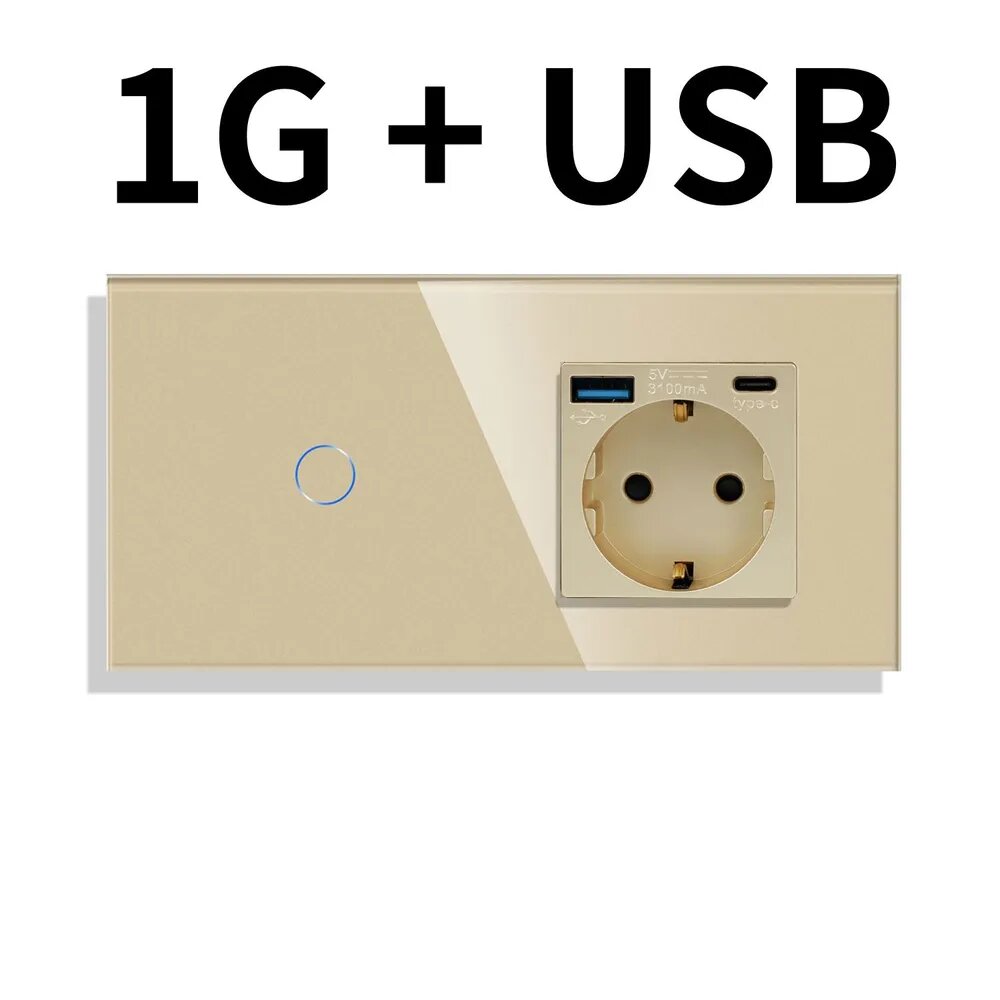 Сенсорный Выключатель однокнопочный с розетками с USB и type-C ,1 клавиша 1 розетки, панель стекло золотая,157mm