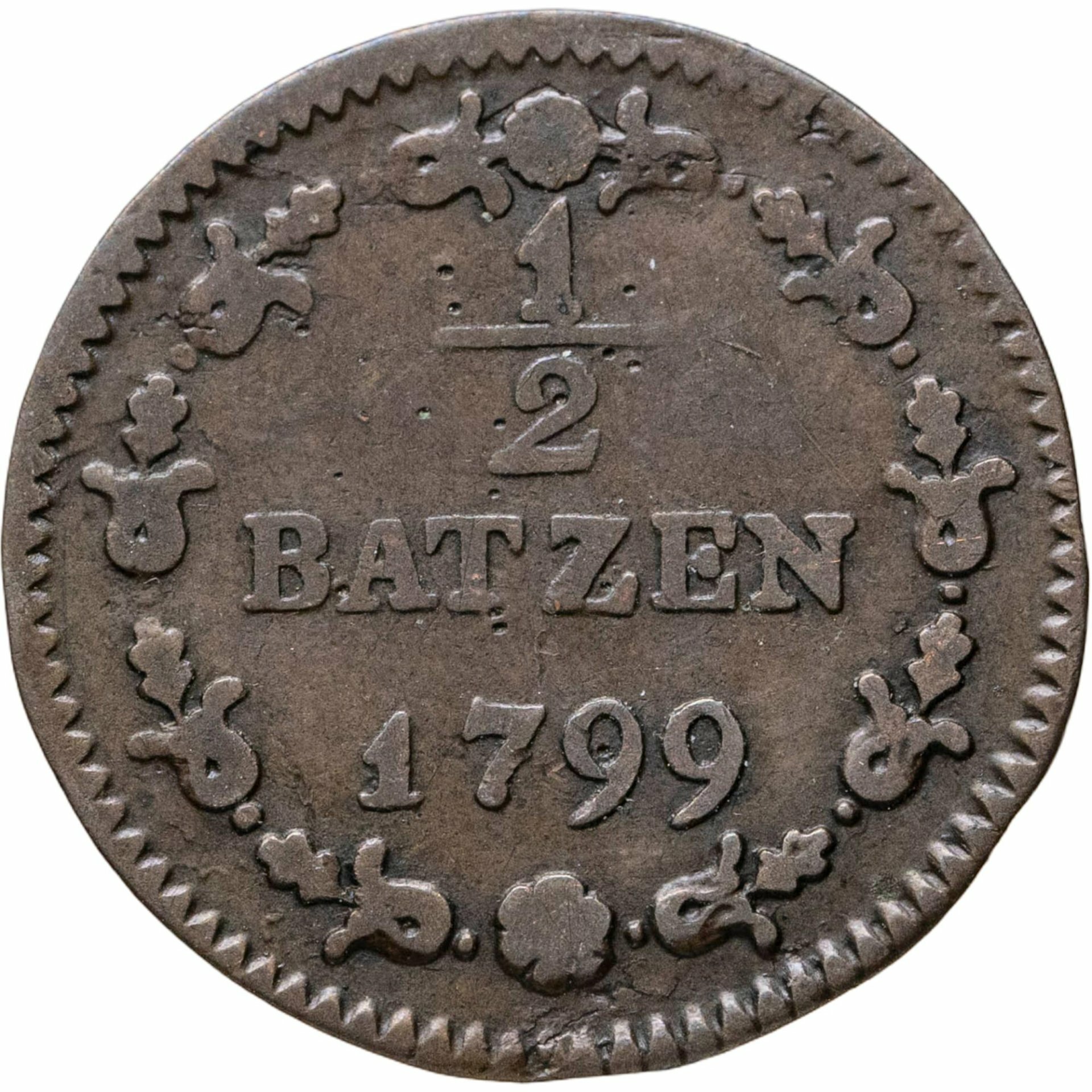 Швейцария 1/2 батцена 1799, Серебро 500, в сохранности VF